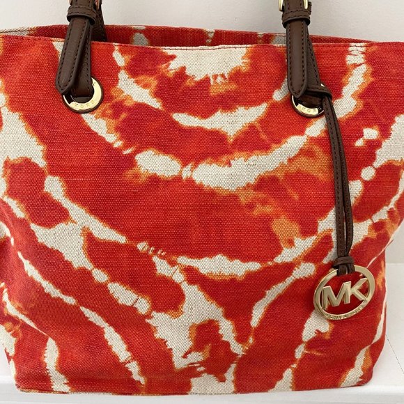 Michael Kors Jet Set Tie Dye Grab Bag Canvas Tote Persimmon Orange - Picture 2 of 8
